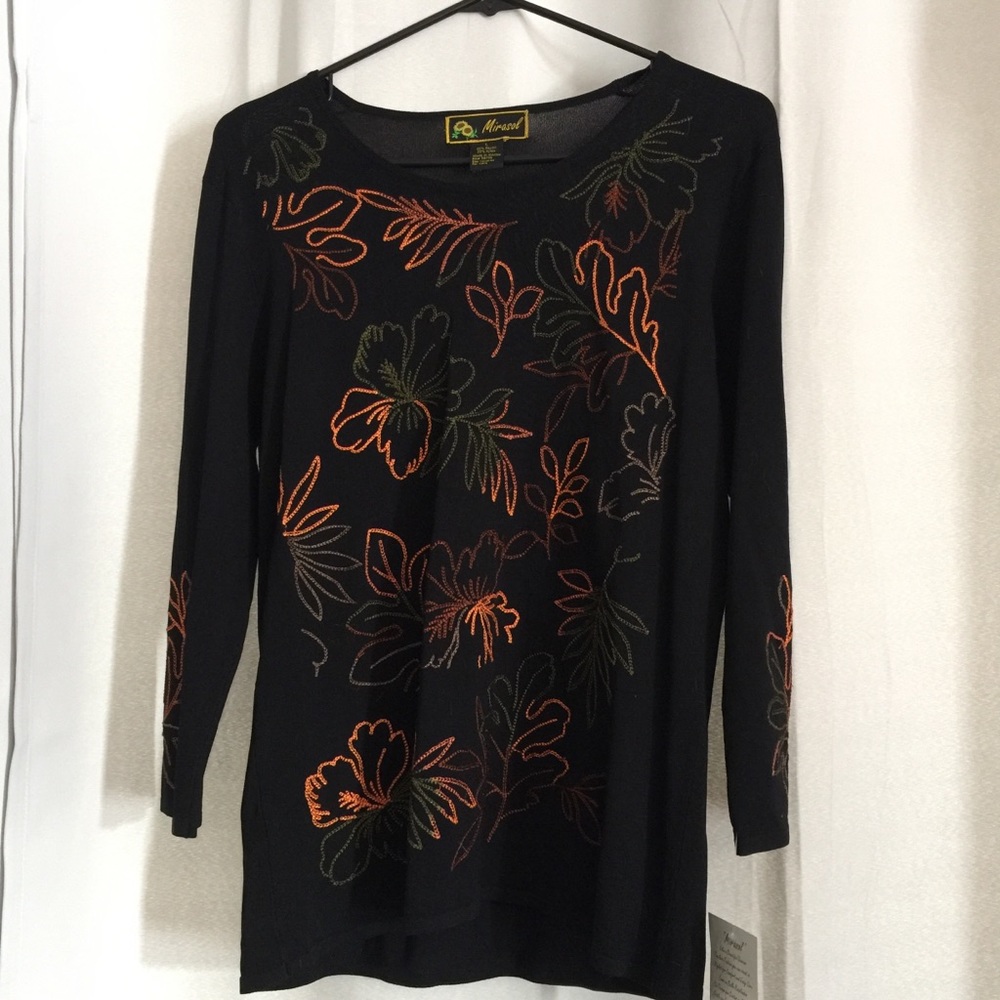 Mirasol Top With Multi-Colored Leaf Embroidering